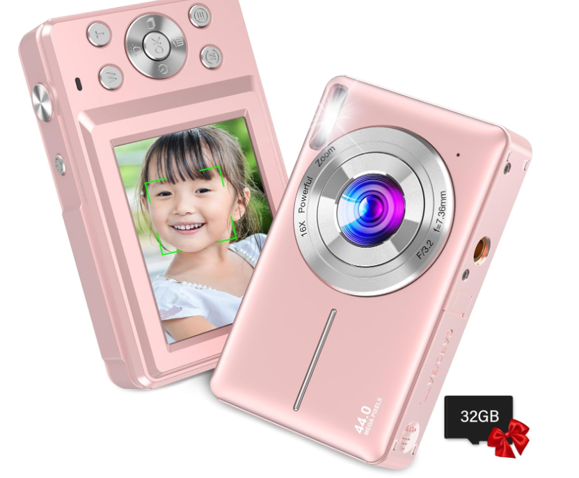 Nsoela デジタルカメラ デジカメ 32GBマイクロSDカード付き キッズカメラ FHD 1080P 44MP コンパクトvlogカメラ 16倍デジタルズーム 軽量 携帯便利 ミニカメラ 小型カメラ 初学者カメラ ポケットカメラ キッズ/子供向け 入学式 入園式 卒業式 クリスマス 新年 プレゼント (ピンク)
